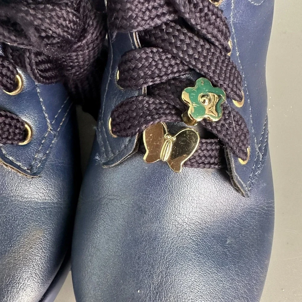 Pablosky Girls Metallic Navy‎ Blue Sequin Lace Up Ankle Boots Butterfly Charms
